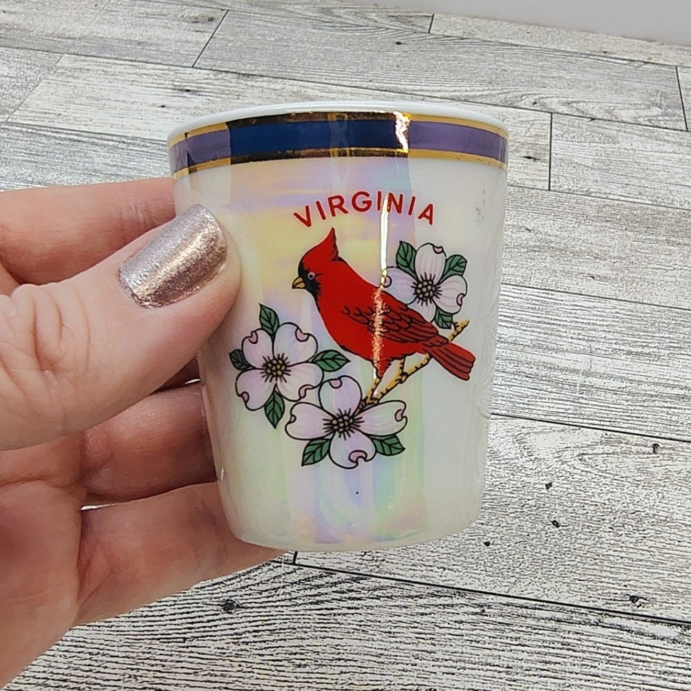 Virginia Souvenir Shot Glass Cardinal Dogwood Flower iridescent Purple Gold Trim
